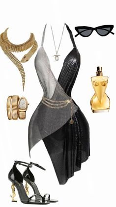 Fashion flat lay with a black and silver dress, gold jewelry, and accessories