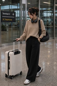 Woman in a beige sweater and black pants pulling a suitcase in an airport