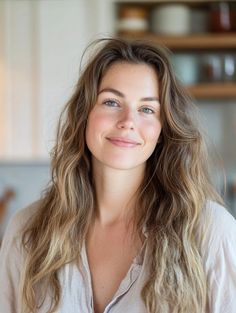 Woman with long wavy hair and blue eyes smiling at the camera