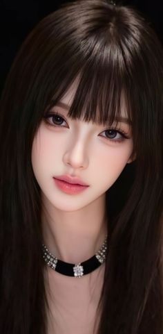 Woman with long dark hair and bangs wearing a choker, portrait shot