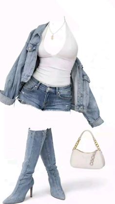 Denim jacket, shorts, and boots with a white halter top and handbag