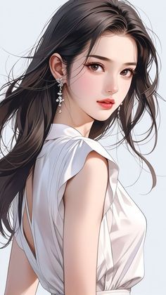 Illustration of a woman with long dark hair and a white dress looking over her shoulder