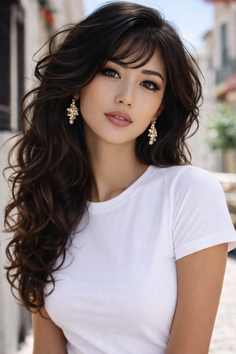 Woman with long wavy hair and earrings wearing a white t-shirt outdoors