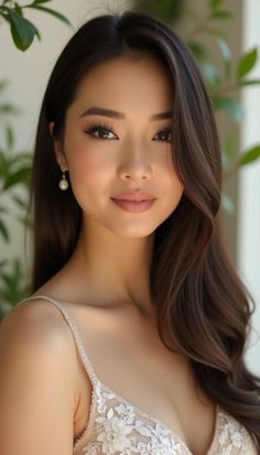 Woman with long brown hair wearing a lace dress and pearl earrings