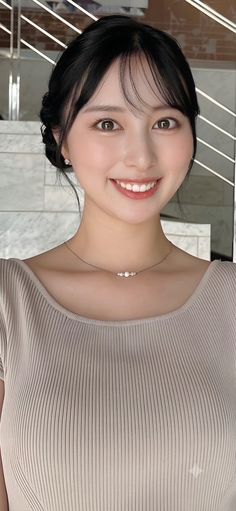 Woman with black hair in an updo, wearing a pearl necklace and smiling