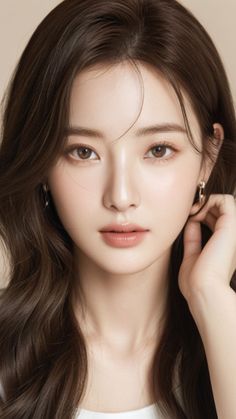 Woman with long wavy brown hair and earrings in a soft lighting portrait