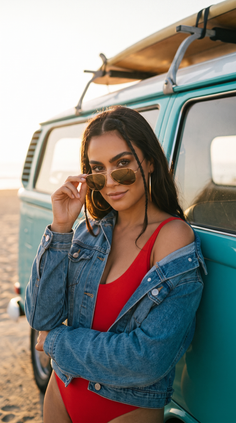 Woman in a red swimsuit and denim jacket on a beach at golden hour