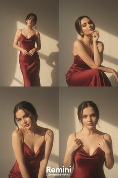 Woman in a red slip dress posing with soft lighting indoors