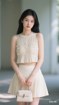 Woman with long black hair wearing a pearl top and pleated skirt, holding a mini handbag