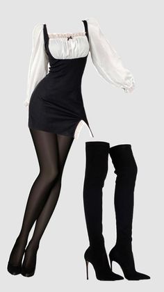 Black dress with white blouse, black tights, and thigh-high boots