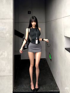 Woman with long black hair wearing a mini skirt and high heels indoors