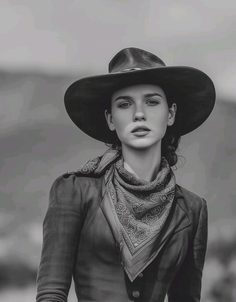 Woman in a cowboy hat and bandana in a black and white outdoor portrait