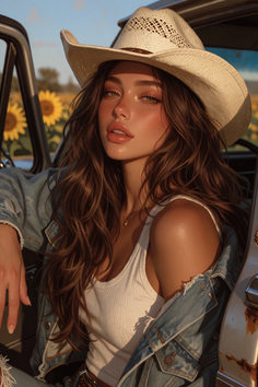 Woman in a cowboy hat and denim jacket in a sunflower field at golden hour