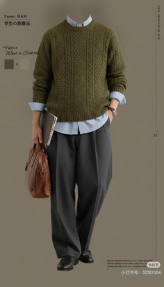 Full body shot of a person wearing a cable knit sweater and dress pants