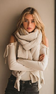 Woman with blonde hair and a knitted scarf, wearing an off-shoulder top and black jeans