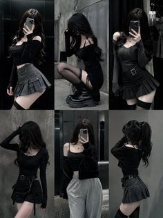 Multiple full body shots of a woman in dark, gothic-inspired outfits