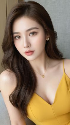 Woman with long brown hair wearing a yellow top and jewelry