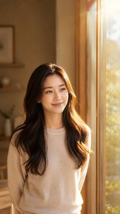 Woman with long hair in a beige sweater looking out a window with golden hour light