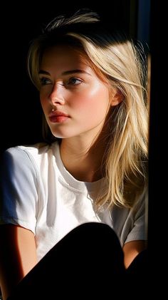 Blonde woman in a white t-shirt with dramatic golden hour lighting on her face