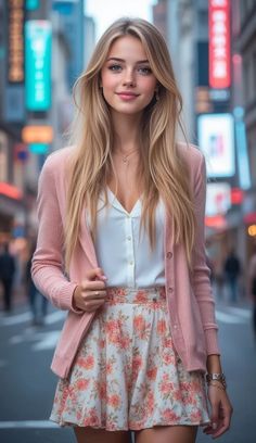 Woman with long blonde hair in a pink cardigan and floral skirt on a city street