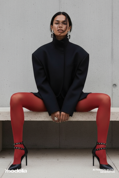 Woman in a black blazer and red tights sitting on a concrete bench