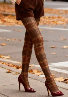 Person wearing plaid tights and brown shorts with red high heels outdoors