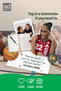 Collage of a basketball player, two girls, a notebook, and a basketball