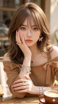 Woman with long hair and an off-shoulder top wearing butterfly jewelry