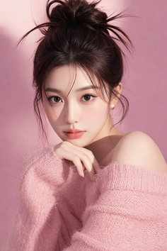 Woman in a pink sweater with bare shoulders and a messy bun against a pink background