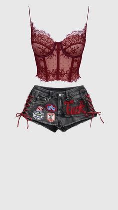Red lace corset and black denim shorts with lace-up sides and patches