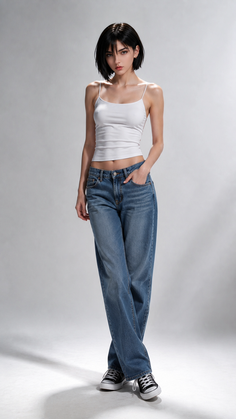 Woman with short black hair wearing a white tank top and blue jeans