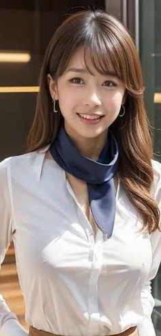 Woman with long hair and a blue scarf wearing a white shirt