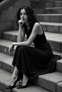 Woman in a black dress and high heels sitting on stone stairs