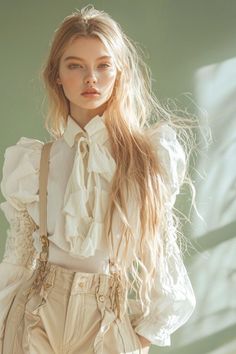Woman with long blonde hair wearing a ruffled blouse and suspenders indoors