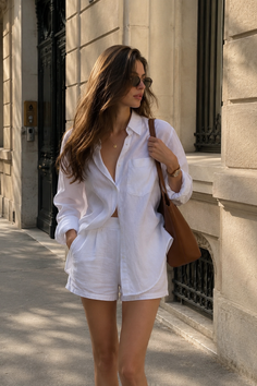Woman in a white linen shirt and shorts walking on a sunlit street