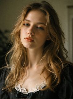 Woman with long wavy hair and blue eyes wearing a black top with lace trim