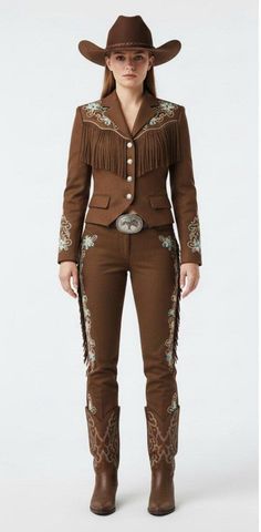 Woman in a brown cowboy hat, fringe jacket, and embroidered pants with cowboy boots