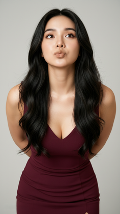 Woman with long black hair in a maroon dress, making a kissing face