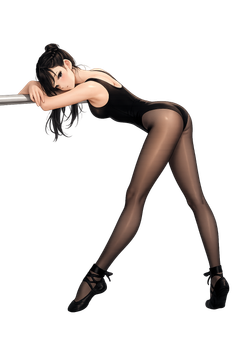 Woman in a black leotard and sheer tights leaning on a ballet barre