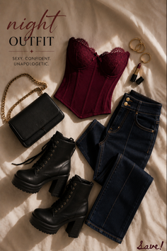 Night outfit flat lay with a burgundy corset, dark jeans, and platform boots