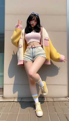 Anime style girl in denim shorts and a crop top posing outdoors