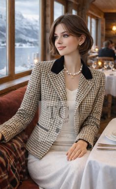 Woman with short hair wearing a tweed jacket and pearl necklace in a restaurant