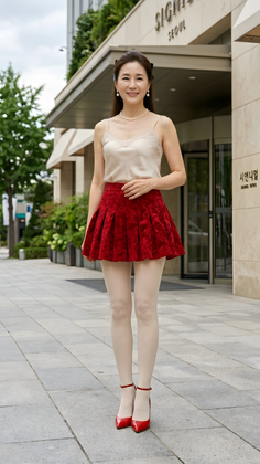 Woman in a red skirt and red heels standing outdoors
