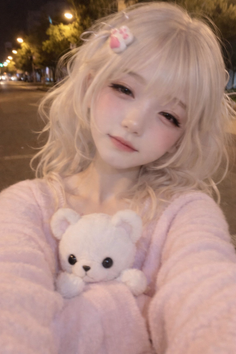 Blonde woman in a pink sweater holding a teddy bear at night