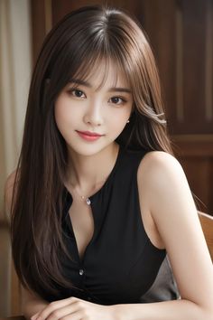 Woman with long brown hair wearing a black top and necklace