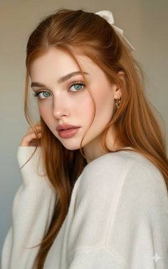 Woman with long red hair and green eyes wearing a white sweater