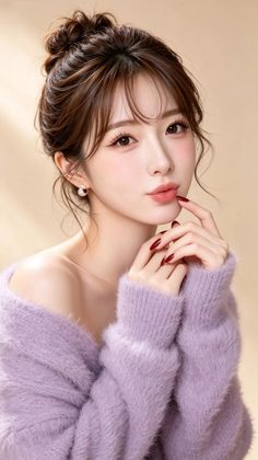 Woman in an off-shoulder purple sweater with a messy bun and red nails
