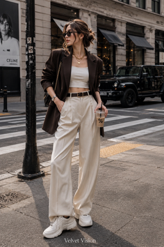 Woman in a brown blazer and wide leg pants on a city street