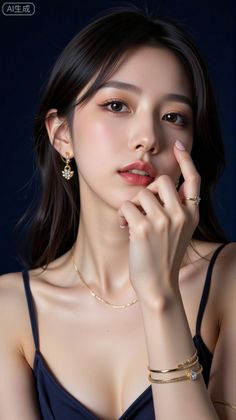 Woman with long dark hair wearing jewelry and a dark top