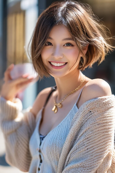 Smiling woman with short hair wearing a knitted cardigan and gold necklace
